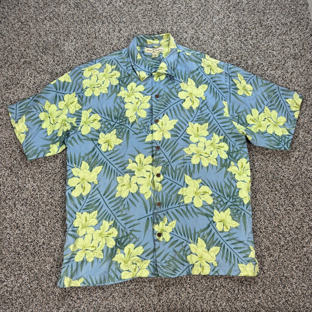 Tommy Bahama Men's L Blue Yellow Hibiscus Silk Short Sleeve Button Down Shirt